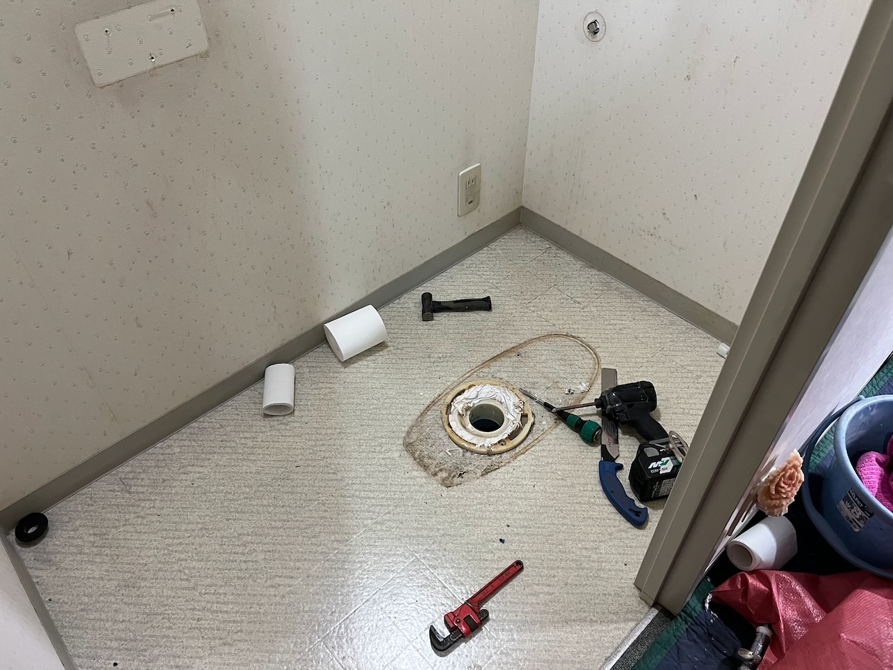 便器を撤去し、既存の排水接続部を確認